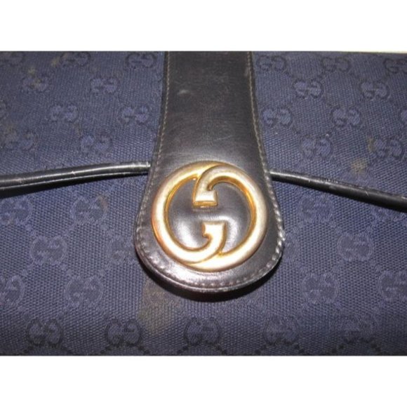 Gucci RARE BOHO Deep Blue 2-Way Clutch G Logo Print Canvas & Black Leather - Picture 8 of 12